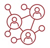 Three figures in connected circles - red icon