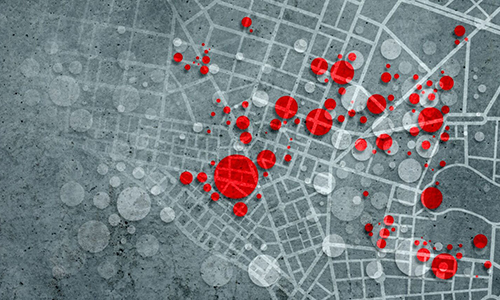 Red and white circles on a grid, symbolizing points on a map