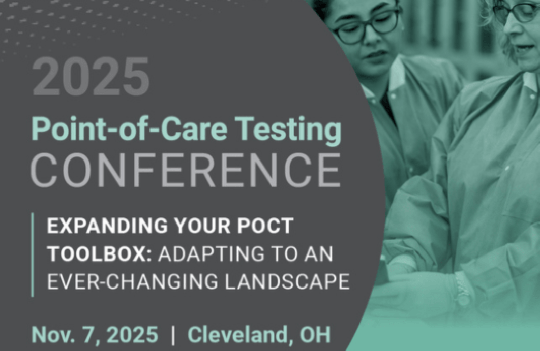 2025 Point-of-Care Testing Conference info with two lab workers talking