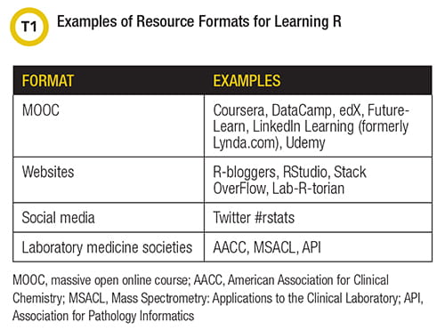 A table with a format column and an example column for learning R