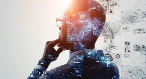 A digitized image of a male wearing glasses with his hand on his chin while digital sequences float around him.