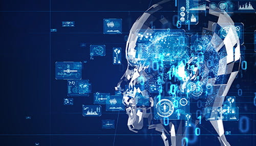 A blue, digitized head shape surrounded by digital figures